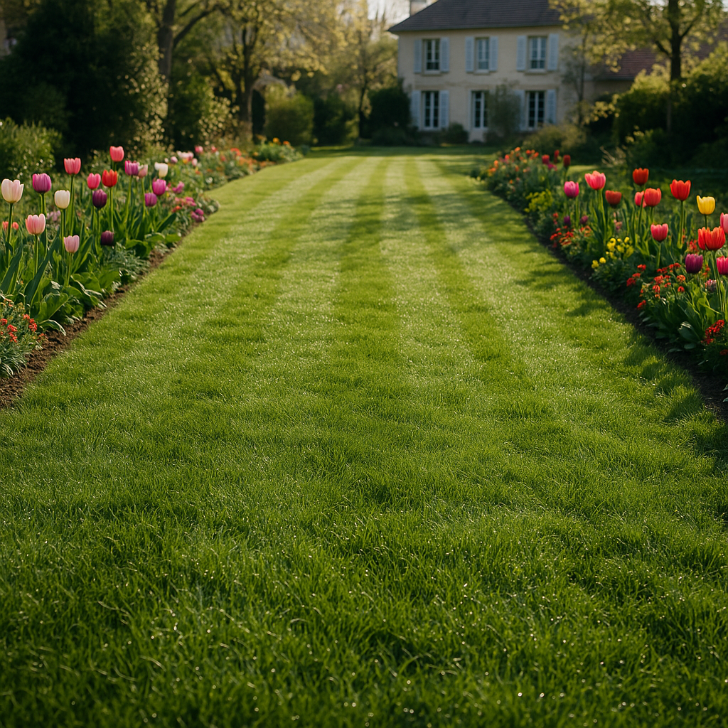 Pelouse verte et dense au printemps dans un jardin