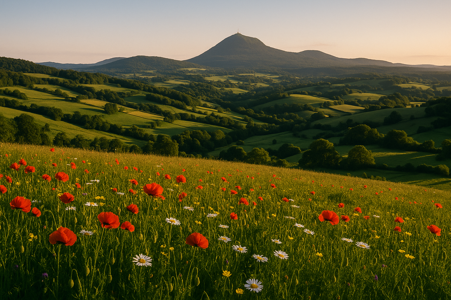 Paysage d'Auvergne avec le Puy-de-Dôme en arrière-plan