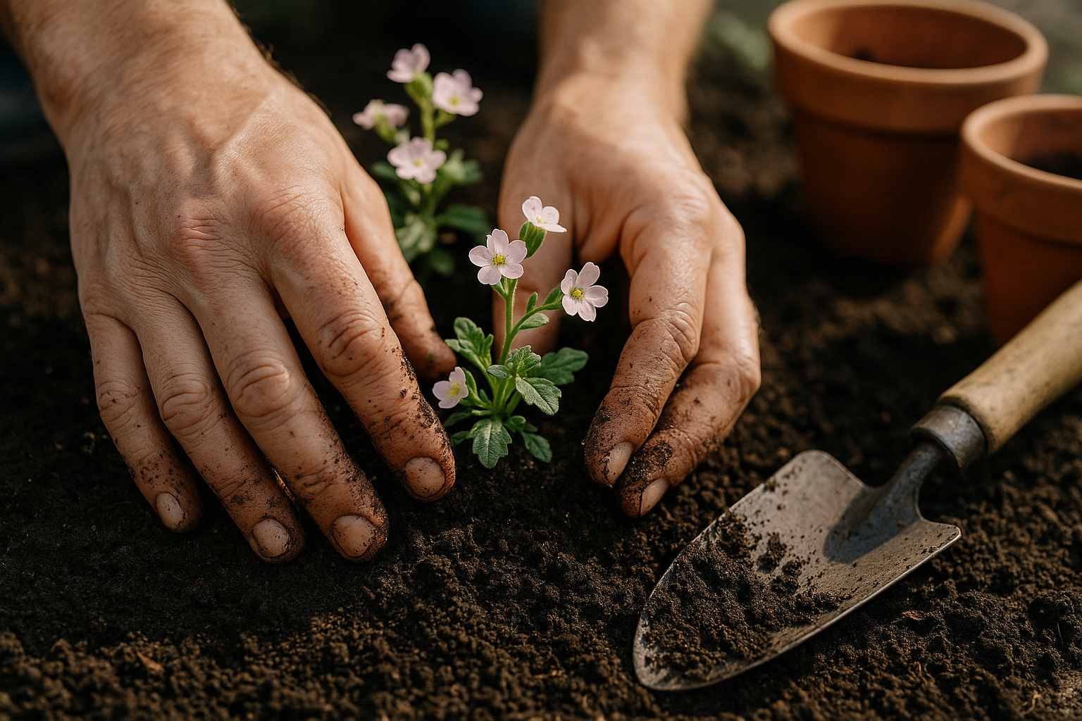 Mains plantant des fleurs dans un jardin