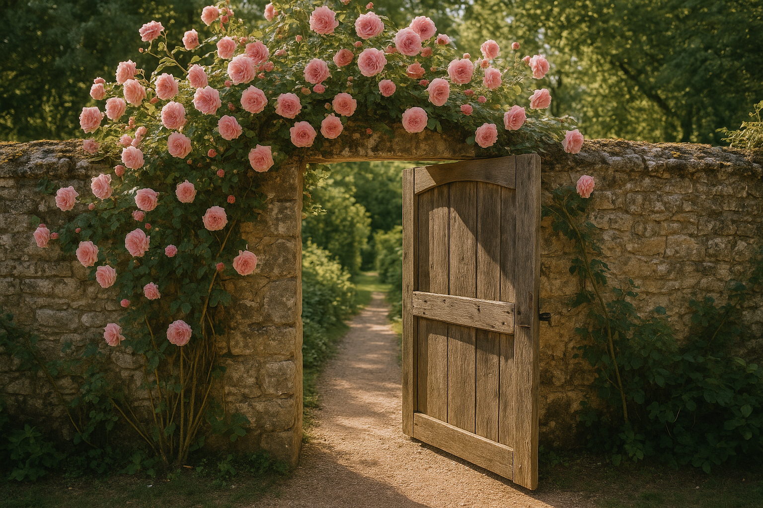 Entrée de jardin accueillante avec rosiers grimpants