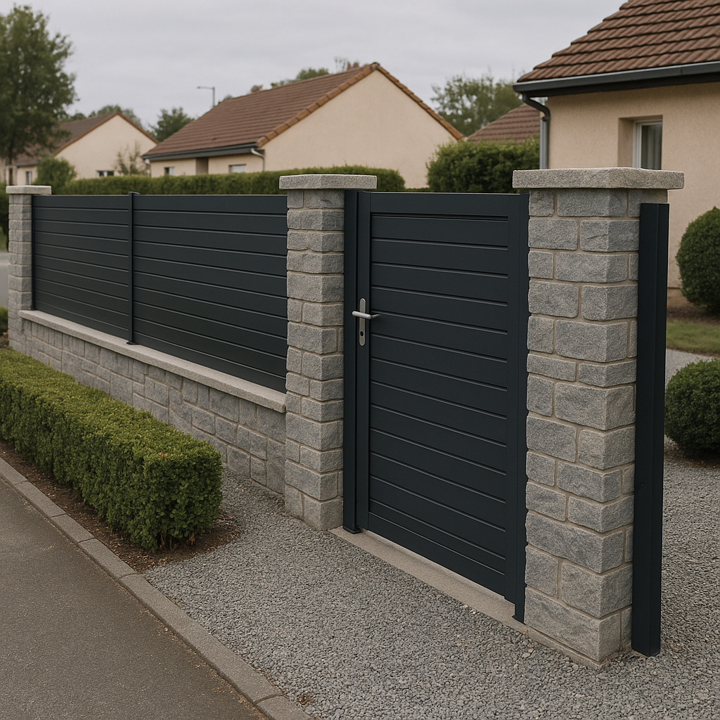 Clôture moderne en aluminium avec portail et jardin paysager