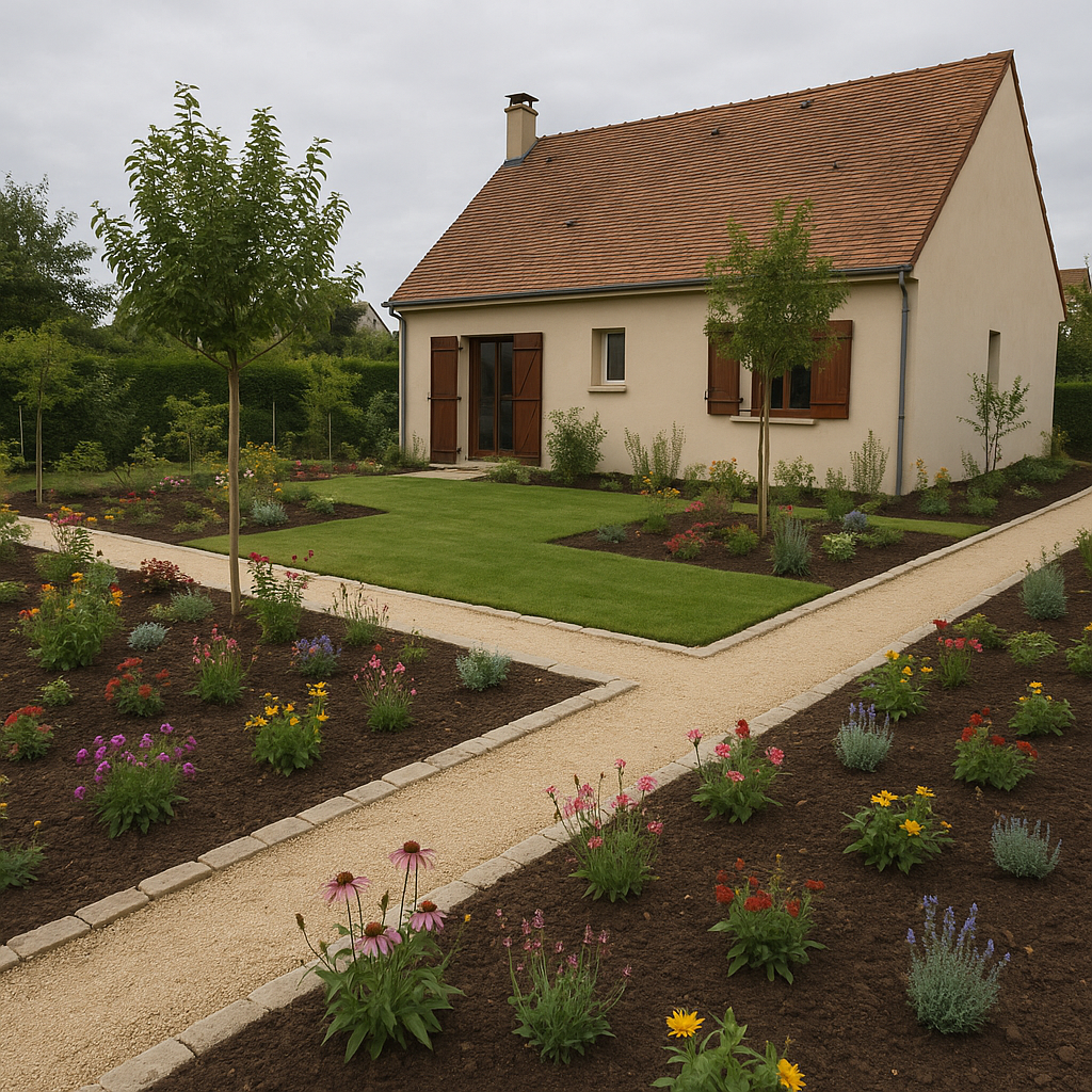 Jardin résidentiel nouvellement créé avec massifs fleuris et allées