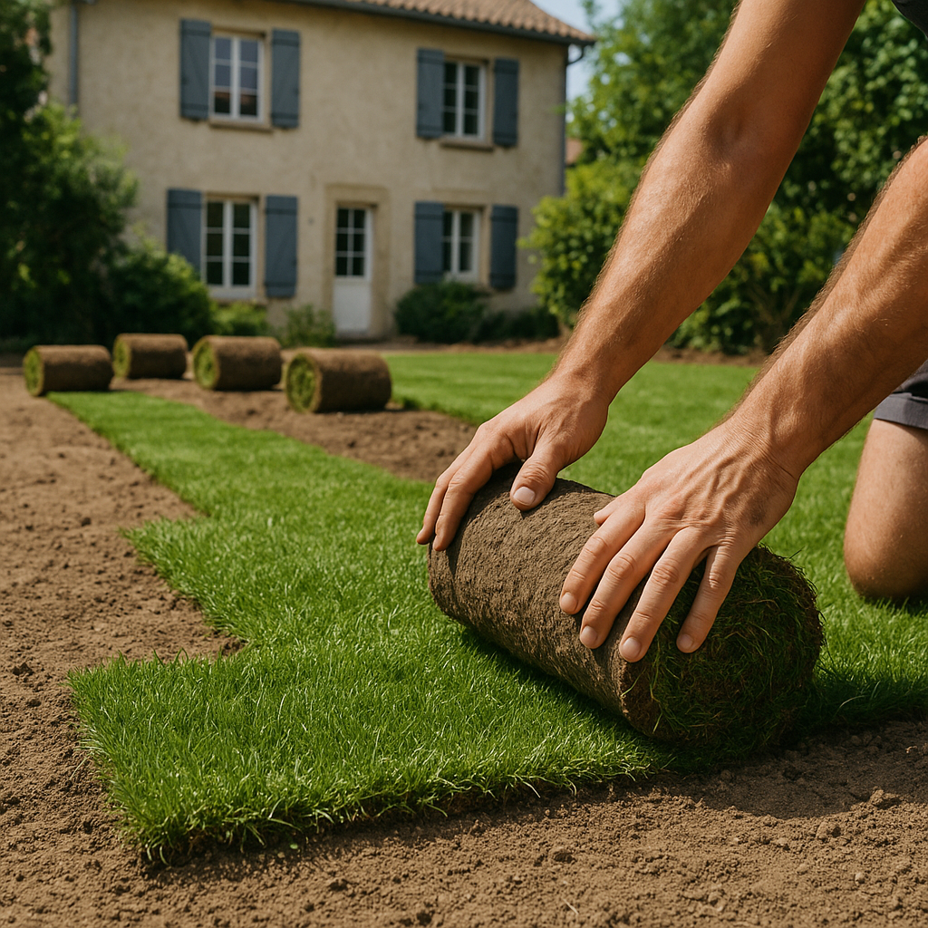 Pelouse fraîchement installée dans un jardin avec système d'arrosage