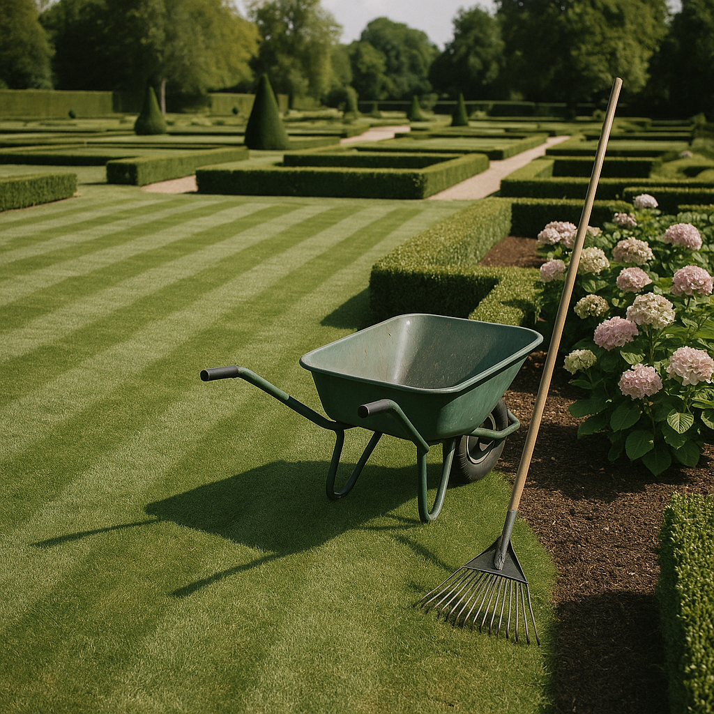 Jardin parfaitement entretenu avec pelouse tondue et haies taillées