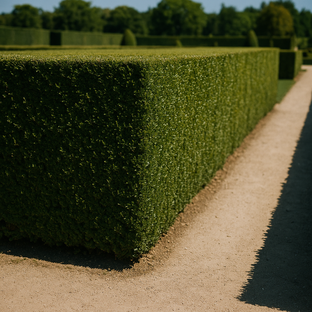 Haies de buis parfaitement taillées dans un jardin formel