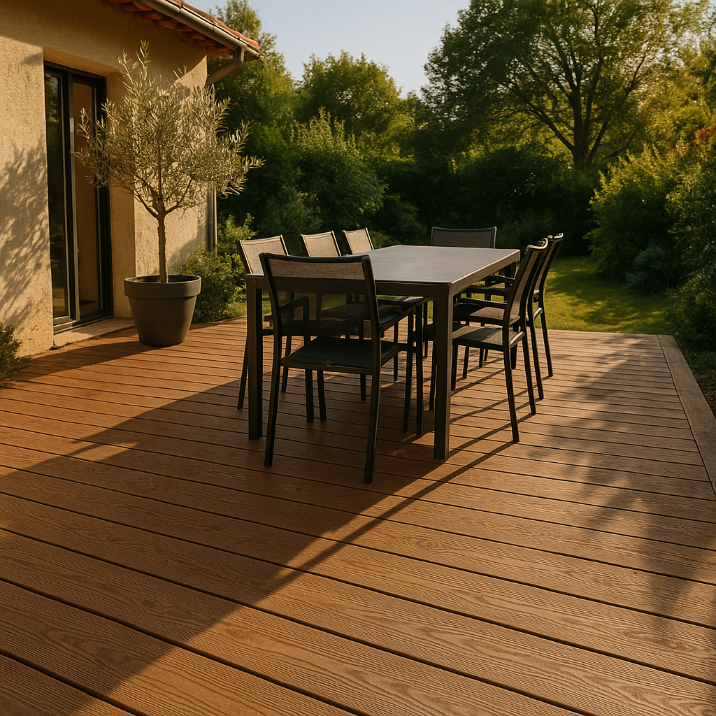 Terrasse en bois composite dans un jardin avec mobilier extérieur